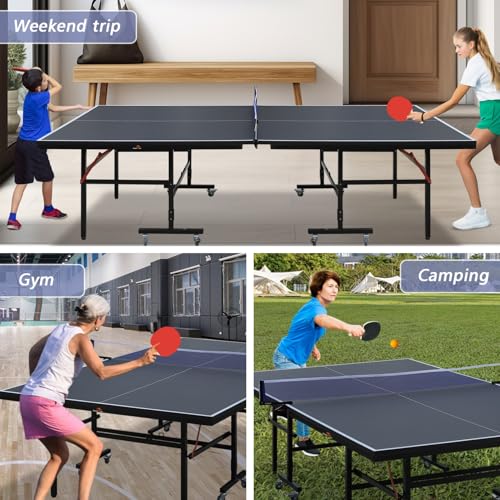 9FT Folding Table Tennis Table with 2 Paddles, 3 Balls & Net Set with Solo Playback Mode, Different Thickness MDF Surface, Lockable Wheels & Quick Assembly - color: Black, size: 0.472" MDF Top