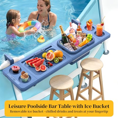 Poolside Bar with Ice Bucket, Poolside Bar Table with Adjustable Support Bracket Fits Above-ground Pools, Swim Up Bars Up to 110lbs, Patio Poolside Table Smart Fold ＆Weather Resistant Stable Tabletop