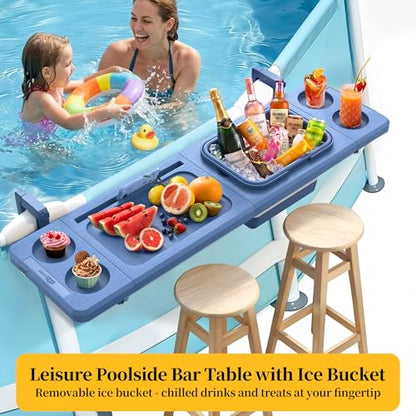 Poolside Bar with Ice Bucket, Poolside Bar Table with Adjustable Support Bracket Fits Above-ground Pools, Swim Up Bars Up to 110lbs, Patio Poolside Table Smart Fold ＆Weather Resistant Stable Tabletop