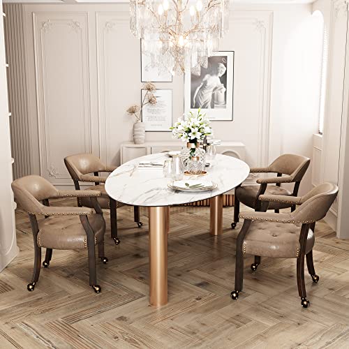 Set of 4 Dining Chair with Casters, Accent Captains Chairs with Wheels & Arms,Wheeled Roller Wood Chairs for Kitchen & Game Poker Table,Espresso&Light Wheat 318LT(NO Table!) - color: Espresso&light Wheat