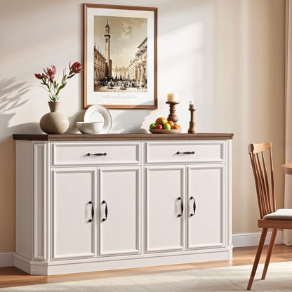ONBRILL 55" Sideboard Buffet Cabinet with 2 Storage Drawers & 4 Doors, Modern Kitchen Sideboards and Buffets with Adjustable Shelves, Wood Coffee Bar Cabinet for Living Room, Entryway, Off-White