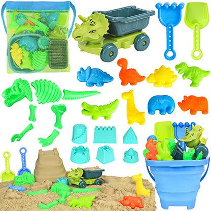 Beach Sand Toys, Sandbox Toys with Dinosaur Dump Truck, Collapsible Bucket, Creative Molds, Mesh Bag, Sand Castle Play Set for Kids Ages 3-12, Outdoor Summer Beach Essentials for Building & Playing