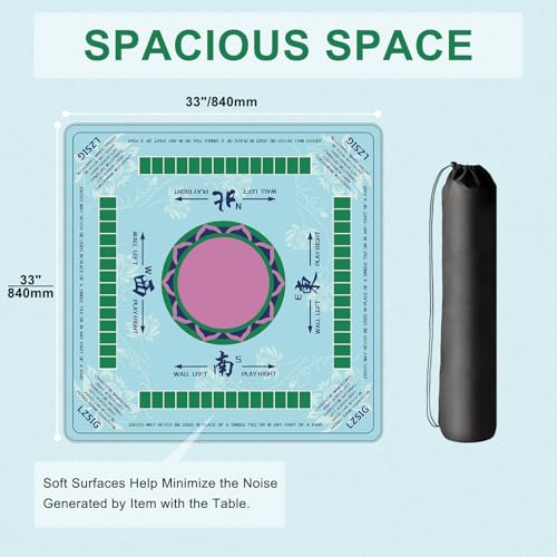 Traditional Chinoiserie Mahjong Mat for Table with Rules, 33×33", Turquoise | Anti-Slip, Waterproof, Noise-Reducing Table Cover for American Mahjong, Poker, Board Games , Dominoes, and Card Games - color: Cyan