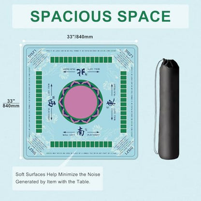 Traditional Chinoiserie Mahjong Mat for Table with Rules, 33×33", Turquoise | Anti-Slip, Waterproof, Noise-Reducing Table Cover for American Mahjong, Poker, Board Games , Dominoes, and Card Games - color: Cyan