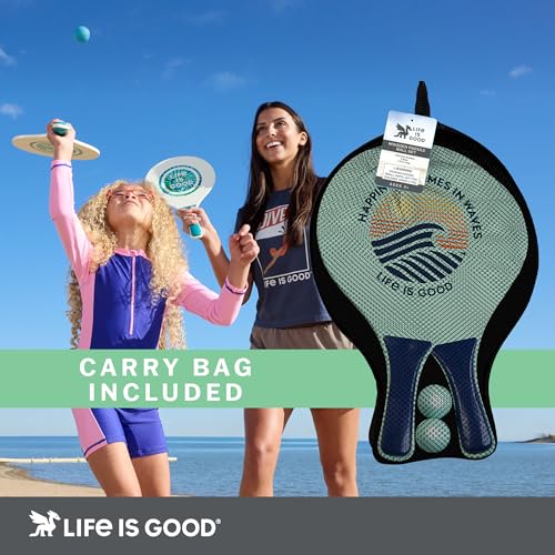 Life Is Good Wooden Paddle Ball Set (Happiness in Waves), 2 Wooden Paddles & 2 Balls, Contoured Grip Handles, Travel-Ready Family Game for Park, Picnic, Yard, and Campsite Play - color: Happiness in Waves