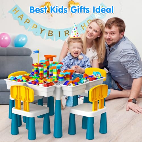 OCATO Toddlers Kids Table and 4 Chairs Set: Activity Table with 152Pcs Large Marble Run Building Blocks Storage All in One Play Sensory Water Tables Sand Tables for Boys Girls 3 4 5 6 Year Old - color: Dark Blue-with 4 Chairs