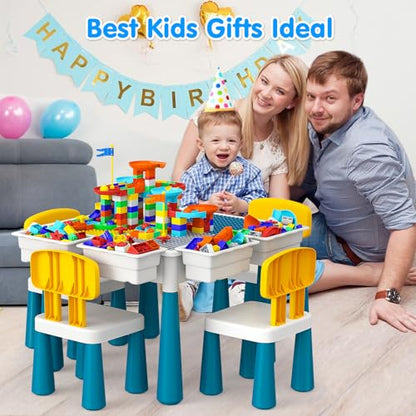 OCATO Toddlers Kids Table and 4 Chairs Set: Activity Table with 152Pcs Large Marble Run Building Blocks Storage All in One Play Sensory Water Tables Sand Tables for Boys Girls 3 4 5 6 Year Old - color: Dark Blue-with 4 Chairs