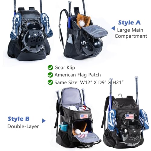 | Baseball Bag Softball Bat Bag, Double-layer Baseball Backpack Adult with Gear Klip To Hold Baseball Glove, Baseball Essential Gear, Youth Baseball Bag for Boys, Girls, Baseball Accessories - color: Black