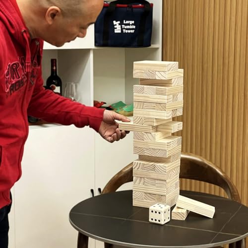 Jac & Mok Tumble Tower Wooden Toppling Blocks Game Set,Stacking Timber Games with Carrying Bag (54 pcs Large Tumble Tower with Dice)