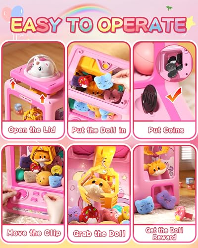 Claw Machine for Kids, Mini Vending Machine with Game Coins & Music, Prize Dispenser Toys for Girls and Boys, Electronic Claw Game Machine for Party Birthdays, Includes 30 Mini Toys - style: Pink Unicarns