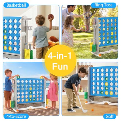 OLAKIDS Giant Connect Game Outdoor, 4 in A Row with Adjustable Height, Mesh Net, Carry Bag, Golf, Basketball Hoop, Ring Toss, Cup Holder for Kids Adults Indoor Backyard (Blue) - color: Blue