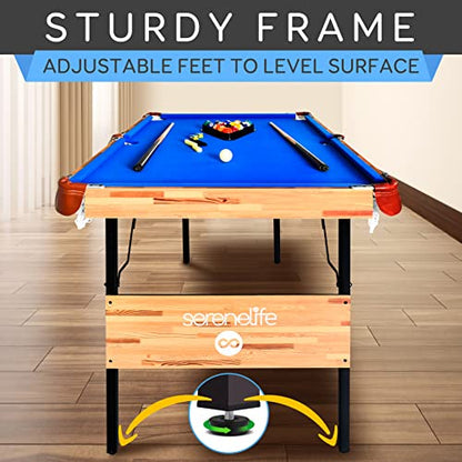 SereneLife 4.5ft Folding Pool Table, 55in Portable Foldable Billiards Game Table for Kids and Adults with Accessories, Indoor and Outdoor Games with Sticks, Cue, Balls and Triangle, Blue