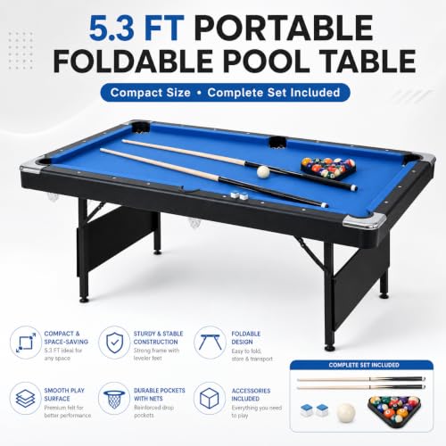 5.3 FT Pool Table Portable Foldable Billiards Table for Kids & Adults with with Balls, Cues, Chalk, Rack & Brush, Compact Space-Saving Game Table for Family Game Room & Office - color: Black+Blue