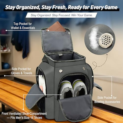 2-Ball Bowling Backpack with Shoe Storage – Heavy Duty Padded Travel Bag - color: DK Grey