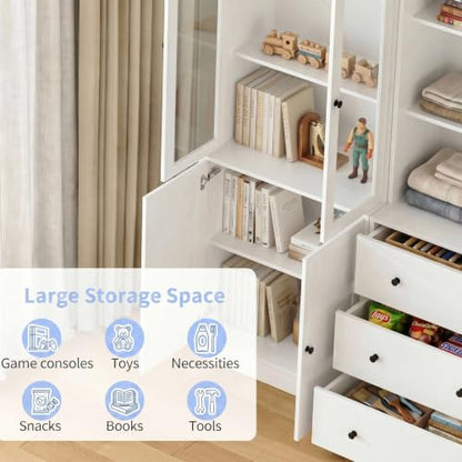 TUSY 71" H Bookshelf with Storage, 6-Tier Modern Bookshelves with 3 Large Drawer, Display Bookcase with Glass Doors, Modern 5-Tier Curio Cabinet for Home Office, Dining Room (White, AB) - color: White