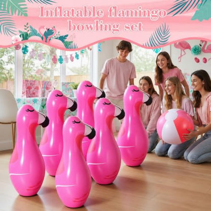 7 Pcs Giant Inflatable Flamingo Bowling Set for Activities Game Flamingo Themed Summer Carnival Birthday Family