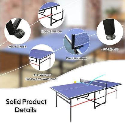 8FT Table Tennis Table with Net, Indoor/Outdoor Professional Ping Pong Table for Kids Adults, Folding Ping Pong Table, Complete Set with Paddles and Balls, School Playground Game Table - color: Blue