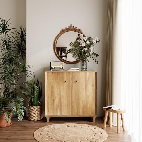 Sideboard Buffet Cabinet with Storage, Modern Accent Credenza with Doors & Adjustable Shelves, Wood Coffee Bar Console Table for Living Room, Dining Room, Kitchen,Oak - color: Oak, size: 31.5"