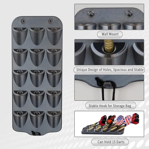 WodGod Dart Holder Wall Mount,Dart Display Rack Displays 15 Steel/Soft Tip Darts,with Storage Bag,sharpener, Wrench,Screws,expansion tube and Screwdriver