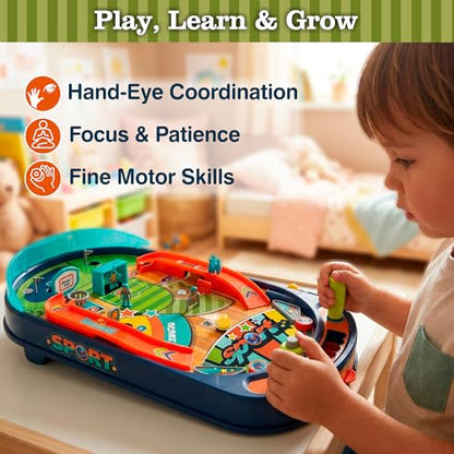 Kids Pinball Machine — Tabletop Arcade Game with Obstacles, Pull-Rod Launcher, Flippers, Scoring Targets, Pins & Mini Hoop, 1-2 Player Mini Pinball for Kids Ages 3+ - style: Sport Pinball
