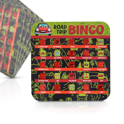 GSM Brands Car Bingo Travel Games for Kids – Fun Road Trip Scavenger Hunt Card Game (5 Pack)