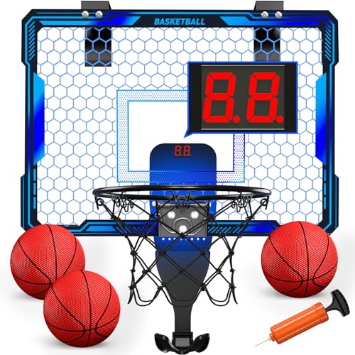 HYES Mini Basketball Hoop Indoor, Over The Door Basket Ball Hoop with 7 LED Lighting/Scoreboard/3 Modes/Foldable Rim, Wall Basketball Toy, Sport Decor Gifts for Kids Adult for Bedroom/Office (Blue) - color: Blue