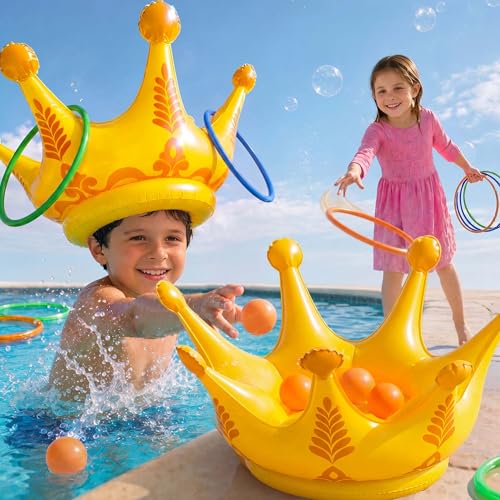 Funscape 2PCS Crown Pool Toy, Toddler Inflatable Water Toss Game w/12 Rings 5 Balls, Outdoor Beach Backyard Lawn Game, Summer Pool Party Decoration Gift 3 4 5 6 7 8 10 Year Old Kids Boy Girl Children