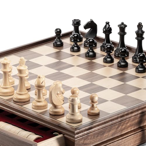 A&A 15 inch Walnut Wooden Chess Set with Storage Drawer, Triple Weighted Pieces, 3.0 inch King Height, Walnut & Maple Inlay, 2 Extra Queen, Classic 2 in 1 Chess and Checkers Board Game
