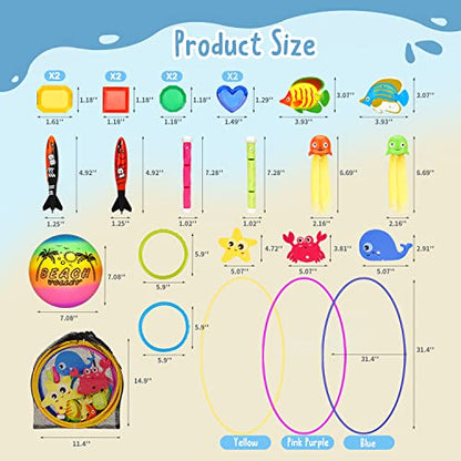 DAUXONE Diving Toys, 27 Pcs Pool Toys with Swim Thru Rings for Kids Age 3-12, Dive Sticks, Rings, Gem, Octopus, Torpedo, Mesh Bag Include
