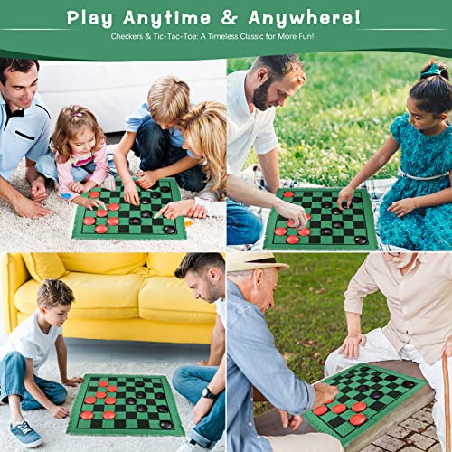 Giant Checkers 3 in 1 Tic Tac Toe Game Board for Adults and Kids with 24 Checker Pieces Reversible Rug, Indoor & Outdoor Games for Family, Party, School, Office,Travel