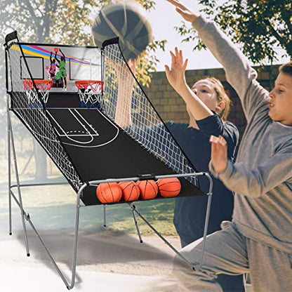 GYMAX Arcade Basketball Game Indoor Foldable with 8 Game Modes, Arcade Sound, 4 Balls and Inflation Pump, Electronic Basketball Games for All Ages Home - color: Silver