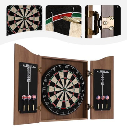 Dartboard Cabinet Set with Sisal Dart Board, Wooden Wall-Mounted Dart Board Cabinet with 6 Darts, Storage & Scoreboard for Game Room, Bar, Man Cave