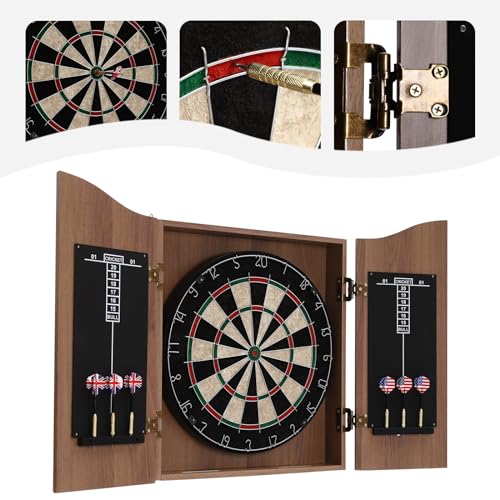 19.68"x23.6" Dartboard Cabinet Set with 6 Darts, Sisal Dart Board for Adults, Classic Wall-Mounted Game Room Target, MDF Brown, Scoreboard & Storage Holes, for Home Bar Office Indoor