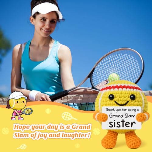 Mini Positive Crochet Tennis Ball Gifts for Women Men - Handmade Crochet Tennis Ball, Motivational Encouragement Christmas White Elephant Gift for Tennis Balls Lover Coworker Friend Coach - style: Sister