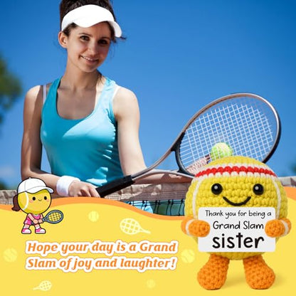 Mini Positive Crochet Tennis Ball Gifts for Women Men - Handmade Crochet Tennis Ball, Motivational Encouragement Christmas White Elephant Gift for Tennis Balls Lover Coworker Friend Coach - style: Sister
