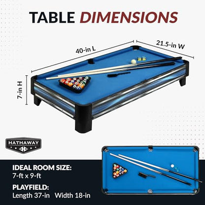 Hathaway Breakout 40-in Tabletop Billiards Set for Dining or Game Tables – Compact Blue Pool Playing Surface with Cue Sticks, Ball Kit, Triangle, Chalk & Brush – Lightweight Portable Indoor Fun
