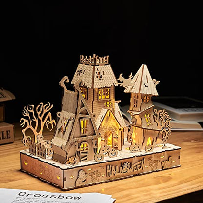 3D Wooden Puzzles Halloween House Kits Includes Light Strip, Brainteaser and Puzzle for Halloween/Birthday,Gifts for Adults and Teens to Build Combination - style: Halloween House