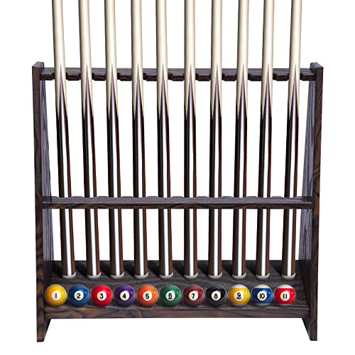 DKSLALALI Wooden Freestanding Pool Stick Holder, 10 Pool Multifunctional Billiard Cue Rack Floor Stand Pool Table Accessories with Ball Storage for Billiard Room, Game Room & Club