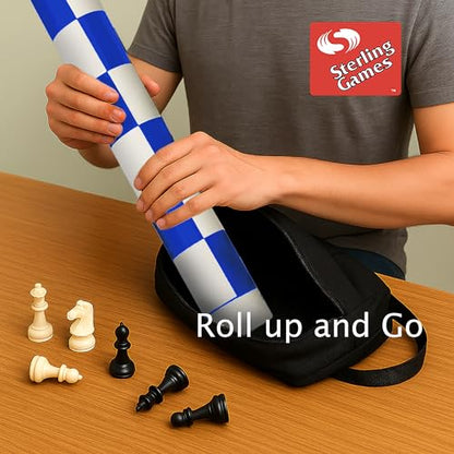 Sterling Games Extra Large 20" x 20" Roll Up Chess Mat and Pieces Set, Standard Tournament Chess Set with Blue Vinyl Portable Travel Mat and Single Weight Chess Pieces - style: Blue