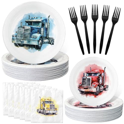 Semi Truck Birthday Party Favors & Tableware Set - Semi Truck Theme Plates, Napkins, Forks - style: Semi Truck