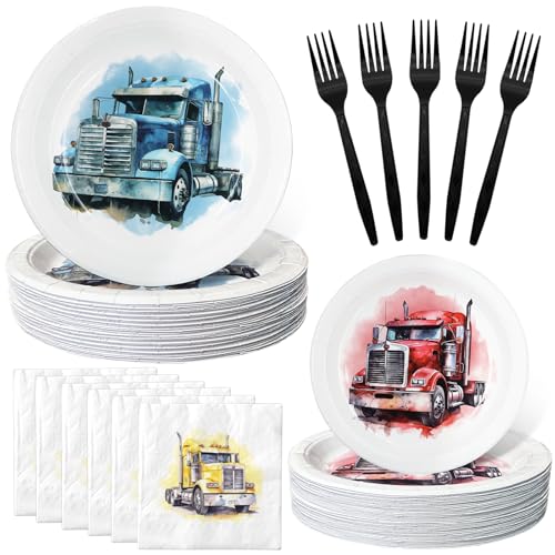 Semi Truck Birthday Party Favors & Tableware Set - Semi Truck Theme Plates, Napkins, Forks - style: Semi Truck