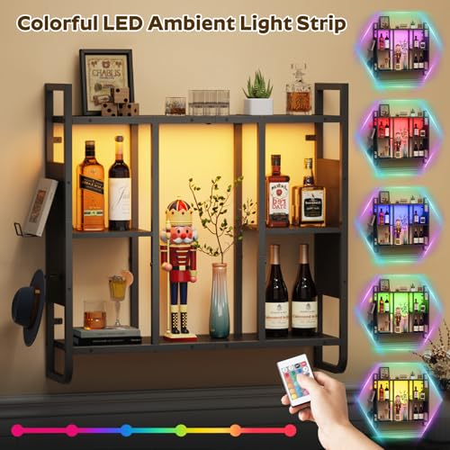 MAHANCRIS Gaming Floating Shelves with LED Lights | 3-Tier Wall Mounted Shelf with 2 Controller Hooks, Black Hanging Display Rack for Gaming Room Decor Home Bar