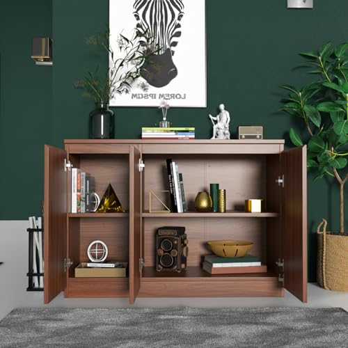 holzart 43" Walnut Brown Buffet Cabinet Sideboard with Storage - Modern 3-Door Wood Grain Kitchen Cupboard & Coffee Bar Station for Dining Room, Living Room - Adjustable Shelf, 43.3" W x 31.5" H - color: Brown