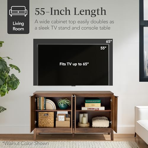 Best Choice Products 55" Modern 4-Door Sideboard Storage Cabinet, Buffet, Media Cabinet, Cupboard, Entryway Accent Table, Bookcase w/Reed Panels and Adjustable Shelves - Black - color: Black
