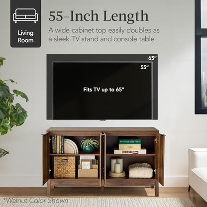 Best Choice Products 55" Modern 4-Door Sideboard Storage Cabinet, Buffet, Media Cabinet, Cupboard, Entryway Accent Table, Bookcase w/Reed Panels and Adjustable Shelves - Black - color: Black