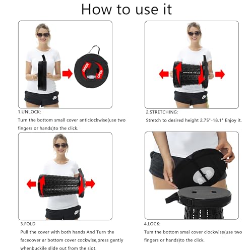 ALEVMOOM Telescoping Stool with Thick Cushion, H18.1“ D10.24” Collapsible Retractable More Sturdy Capacity 600Ib, Portable Camping Adjustable Folding Stool for Garden Fishing Hiking Mountain BBQ - color: Black