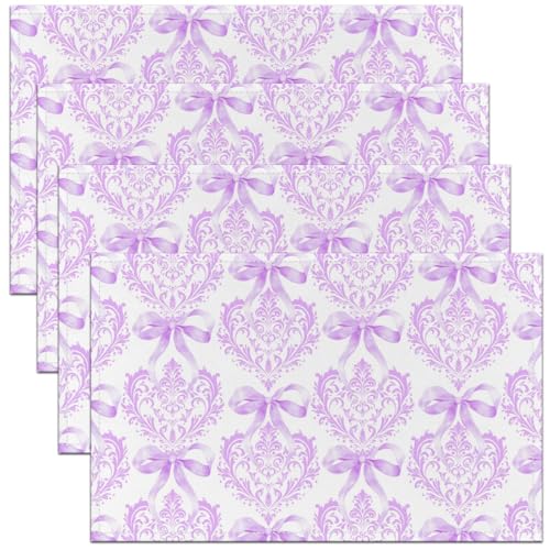 Bowknot Princess Kids Placemats Set of 4,Damask Flowers Bow Tie Romantic Table Place Mats,Baroque Antique Victorian Kitchen Decor,Purple Placemat Kitchen Table Decoration 12"x18" - color: Purple