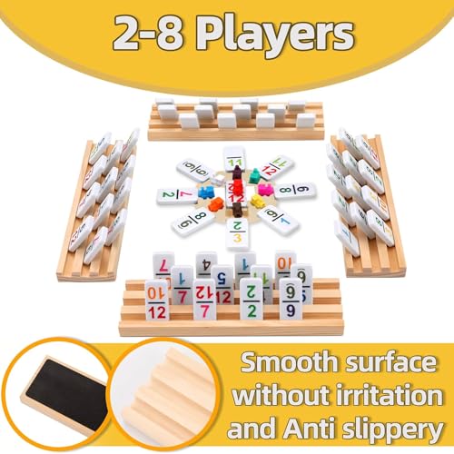 Doreimi Mexican Train Dominoes Set with Numbers and 8 Wooden Holders, Double 12 Dominos Set for Kids, Adults Travel Domino Train with 91 Tiles and Upgrated Hub, Classic Board Games for Family Night - style: Number+8 Racks+Wooden Hub