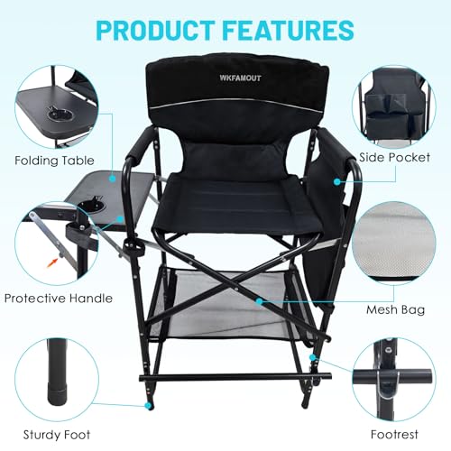 Tall Folding Director Chair 30.7" Seat Height Foldable Bar Stool for Makeup Artist Face Painting with Side Table Carry Bag and Cosmetic Bag Supports 350LBS - color: Black-padded
