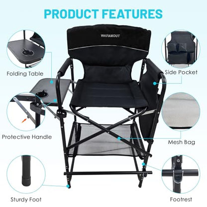 Tall Folding Director Chair 30.7" Seat Height Foldable Bar Stool for Makeup Artist Face Painting with Side Table Carry Bag and Cosmetic Bag Supports 350LBS - color: Black-padded